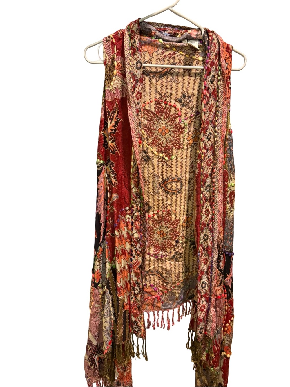 Soft Surroundings Boho Tapestry Floral Embroidered Fringe Duster Vest One Size